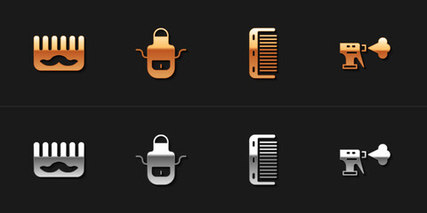Set Hairbrush, Barber apron, and Hairdresser pistol spray bottle icon. Vector