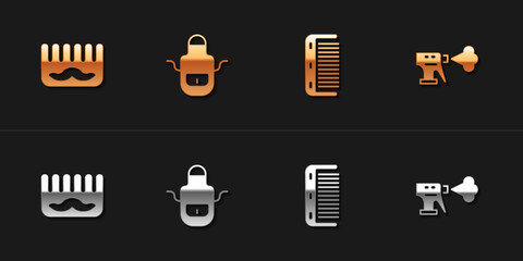 Set Hairbrush, Barber apron, and Hairdresser pistol spray bottle icon. Vector