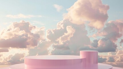 3D render of a pink podium, pastel sky background with fluffy clouds.