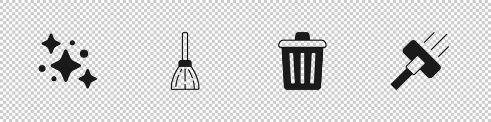 Set Home cleaning service, Handle broom, Trash can and Vacuum cleaner icon. Vector