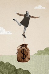 Vertical photo collage of happy blonde fly girl tied rope money dollar bag success business deal...