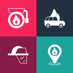 Set pop art Location with fire flame, Firefighter helmet, Burning car and Ringing alarm bell icon. Vector