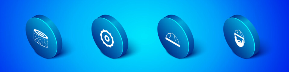 Set Isometric Tree stump, Worker safety helmet, Lumberjack and ircular saw blade icon. Vector