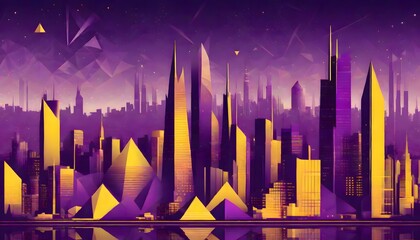 Futuristic cityscape at night, in a mystical purple hue with towering skyscrapers and geometric buildings, illuminated by vibrant yellow lights, creating an otherworldly appearance, Generative AI.