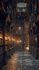 Fototapeta premium 3D scene of a magical library, bookshelves filled with shimmering.