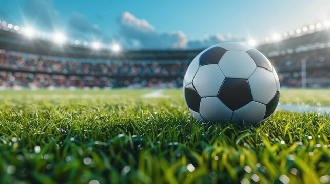 Closeup soccer ball on grass of football field at stadium