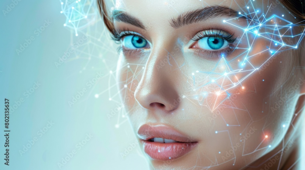 Poster a woman face is overlaid with glowing digital graphics, suggesting advanced technology or virtual re