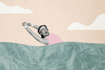 Creative collage picture happy joyful man exercise do training fit fat burn coach sportsman clouds...