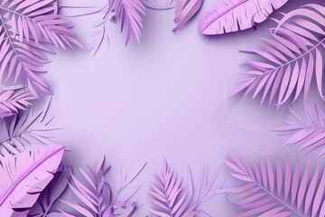Fototapeta na wymiar Soft lilac tones dominate this image, with tropical leaves providing a delicate frame around a generous copy space, ideal for soothing designs or gentle branding purposes.