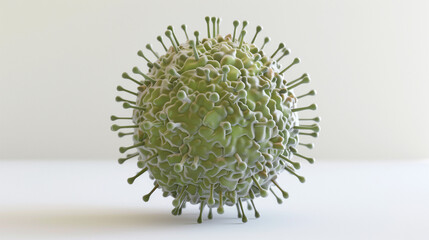 A striking 3D render showcasing a single flu virus against a clean white background, emphasizing its detailed structure and composition. The flu virus is meticulously designed, featuring its character
