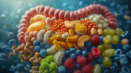 An insightful 3D rendering image depicting the functions of the stomach, including storage of ingested food, mechanical breakdown, and initial digestion of proteins by pepsin - obrazy, fototapety, plakaty