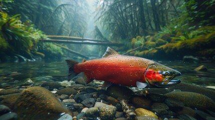 the tranquil processing of salmon amidst natural landscapes, emphasizing naturalness