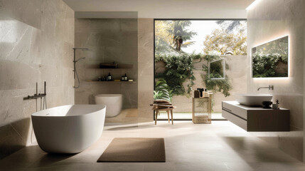 A bathroom with a large bathtub and a small sink. The bathroom is very clean and well-lit