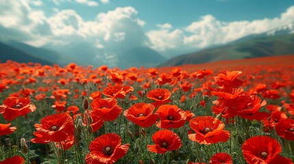 Vibrant Scarlet Poppy Blossom Amidst Breathtaking Countryside Landscape. Celebrating Nature's Resilience and Timeless Beauty. Award-Winning 4K Wallpaper in National Geographic Style.