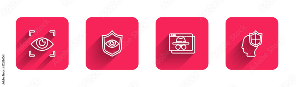 Aufkleber set line eye scan, shield and eye, browser incognito window and head with shield with long shadow. r