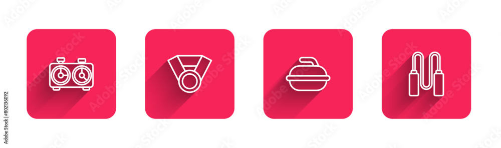 Poster set line time chess clock, medal, stone for curling sport game and jump rope with long shadow. red s
