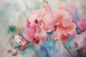 An elegant watercolor painting of pink orchids