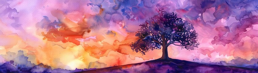 A beautiful watercolor painting of a lonely tree on a hill during sunset
