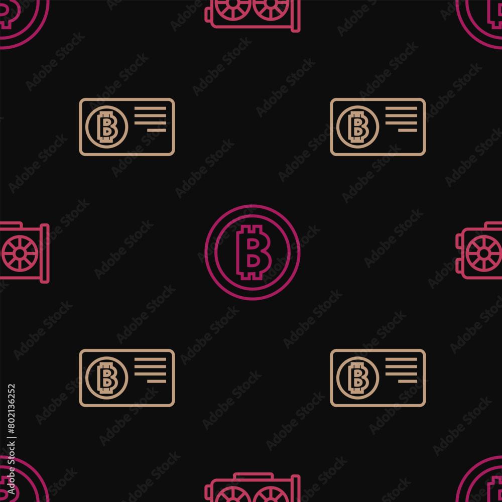 Aufkleber set line video graphic card, credit with bitcoin and bitcoin on seamless pattern. vector