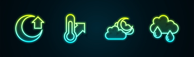 Set line Moon, Meteorology thermometer, Cloud with moon and rain. Glowing neon icon. Vector