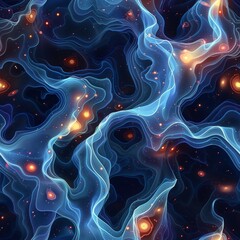 A seamless pattern wallpaper art of Merge the ethereal glow of quantum computing with distant horizons, blending futuristic elements with the vastness of unexplored landscapes 