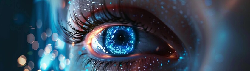 Advanced AI eye for surveillance, holographic display.