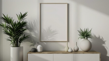 A white framed picture hangs on a wall next to a wooden cabinet. The cabinet is filled with various vases and potted plants, creating a cozy and inviting atmosphere