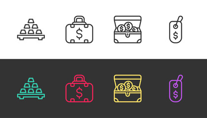 Set line Gold bars, Briefcase and money, Treasure chest and Price tag with dollar on black and white. Vector