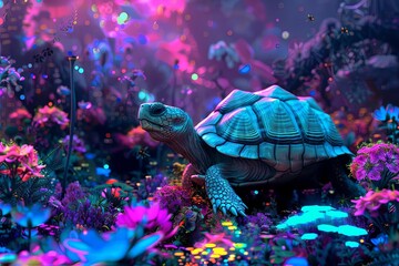 A mystical turtle emerges from a bed of glowing flowers. The vibrant colors of the flowers and the turtle's shell create a sense of wonder and enchantment.