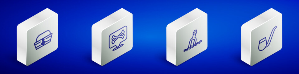 Set Isometric line Sailor hat, Location pirate, Bottle with message in water and Smoking pipe icon. Vector