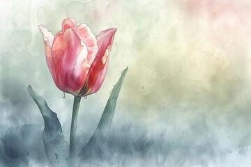 A single tulip in a watercolor painting. The tulip is pink with yellow and white markings. The stem is green with long, thin leaves. The background is a pale blue-green.