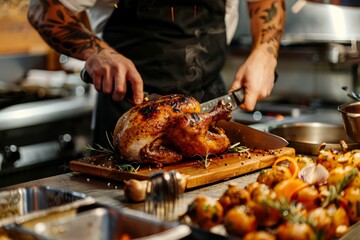 A person, likely a chef, is skillfully cutting a succulent roasted turkey on a wooden cutting board in a kitchen setting