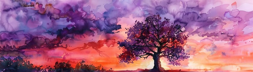 A beautiful watercolor painting of a lonely tree on a hill during a stormy sunset