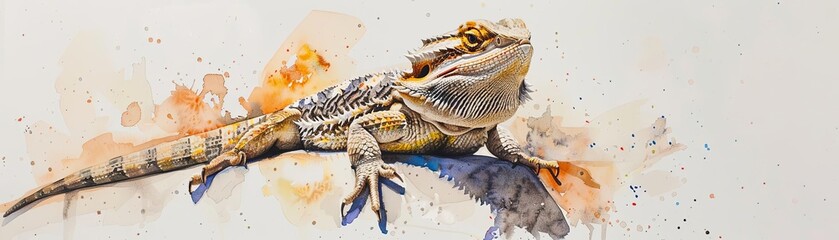 A watercolor painting of a bearded dragon, up close, with a white background. The bearded dragon is looking at the viewer.