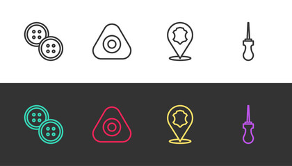 Set line Sewing button, chalk, Leather and Awl tool on black and white. Vector