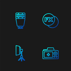 Set line Photo camera, Softbox light, flash and fx. Gradient color icons. Vector