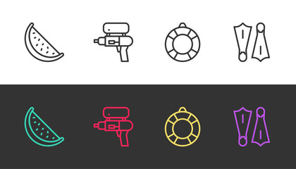 Set line Watermelon, gun, Lifebuoy and Rubber flippers for swimming on black and white. Vector © Kostiantyn
