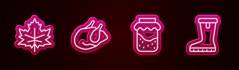 Set line Leaf or leaves, Roasted turkey chicken, Jam jar and Waterproof rubber boot. Glowing neon icon. Vector