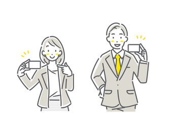 カードを見せるビジネスパーソン　シンプルでお洒落な線画イラスト