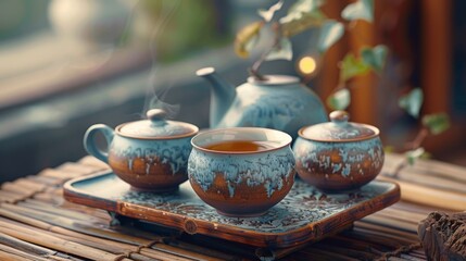 Fototapeta premium A traditional tea set and delicate teacup, celebrating the ritual and tranquility of tea drinking