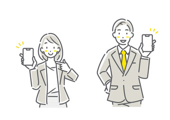 スマホの画面を見せるビジネスパーソン　シンプルでお洒落な線画イラスト
