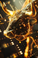Cryptocurrency bull market, 3D golden bull, soaring financial charts background.