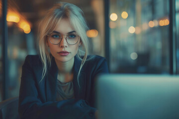 young woman with glasses and blond hair at desk with laptop