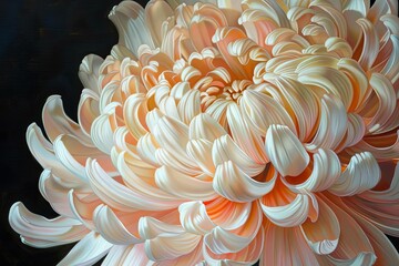 A beautiful close-up of a white and pink chrysanthemum flower in full bloom against a dark background