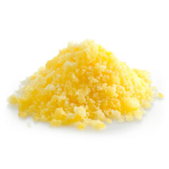 Yellow crystalline chemical powder paint, isolated on white background
