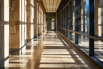 A long hallway in a modern office building features rows of large windows with natural light streaming in, creating a dynamic play of light and shadow