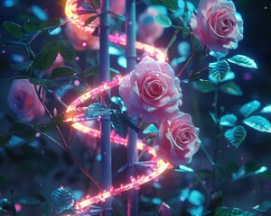 DNA Strand, Genetically modified roses, glowing and vibrant, standing tall in a futuristic botanical garden Realistic.