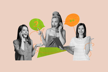 Fototapeta premium Creative image collage picture happy cheerful woman communicate each other via telephone network landline digital devices textbox speech