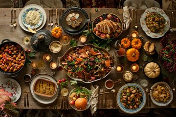 A table filled with plates of food and candles, showcasing a Thanksgiving feast spread