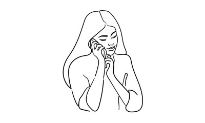 Girl talking on phone continuous line art drawing isolated on white background. Vector illustration